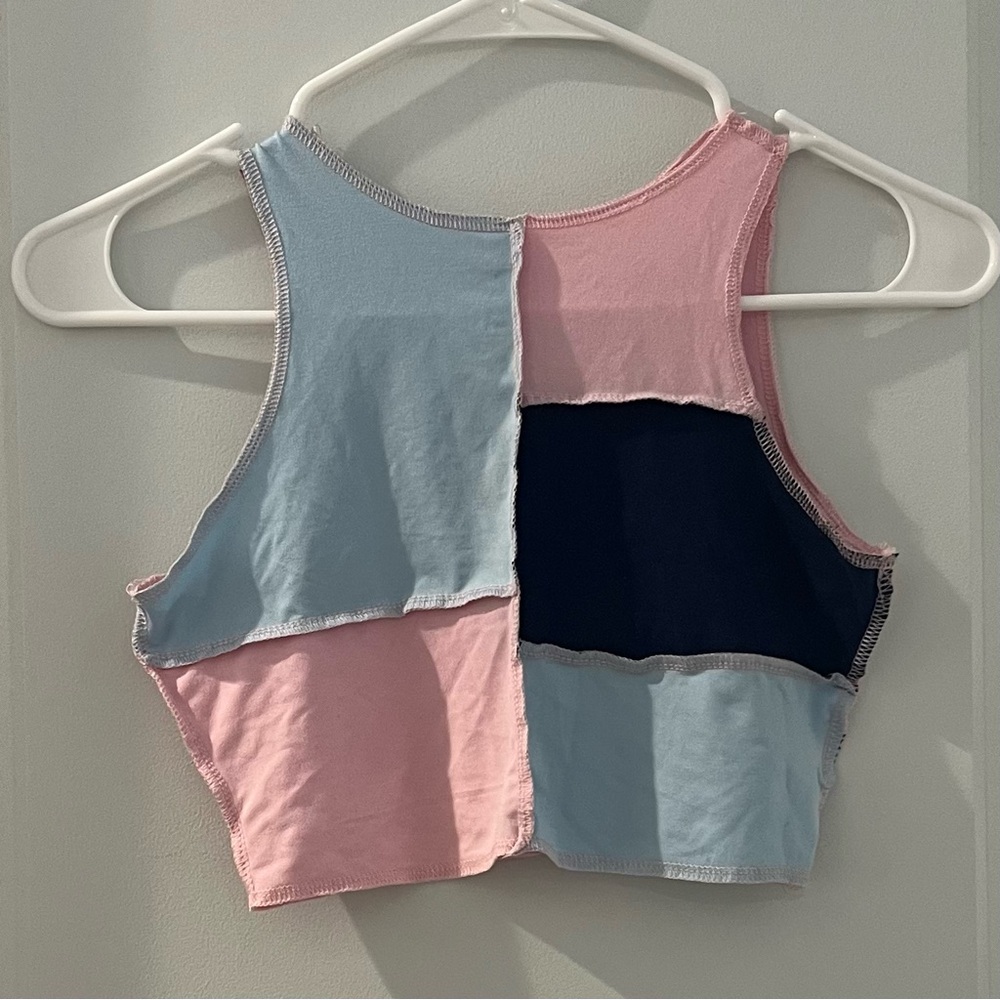 Shein Blue and Pink Colorblock Crop Tank Top with Inside Out Stitching